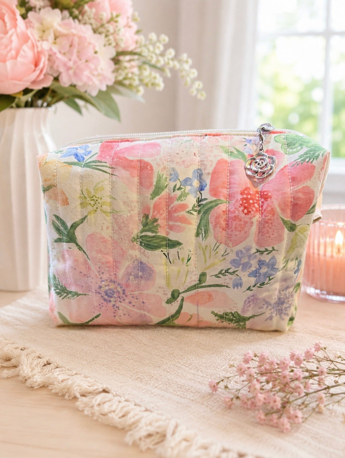 Floral Quilted Boxy Makeup Bag  Medium Size