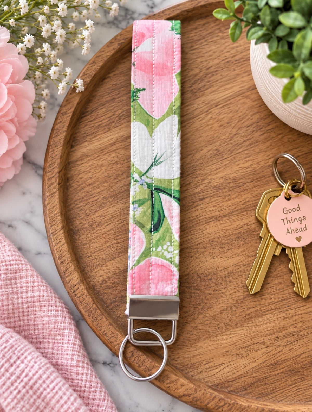 Pink Floral Handmade Wristlet Keychain