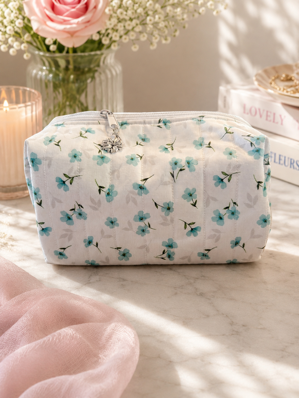 Handmade Floral Makeup Organizer Bag | Cosmetic Pouch with Interior Lipstick Pockets