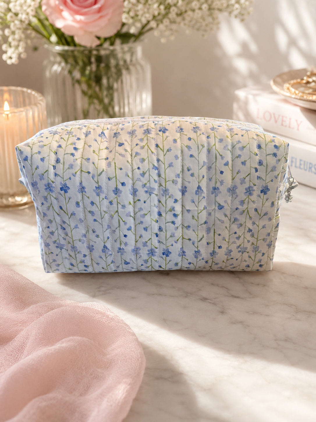 Blue Floral Quilted Makeup Bag | Handmade Cosmetic Pouch