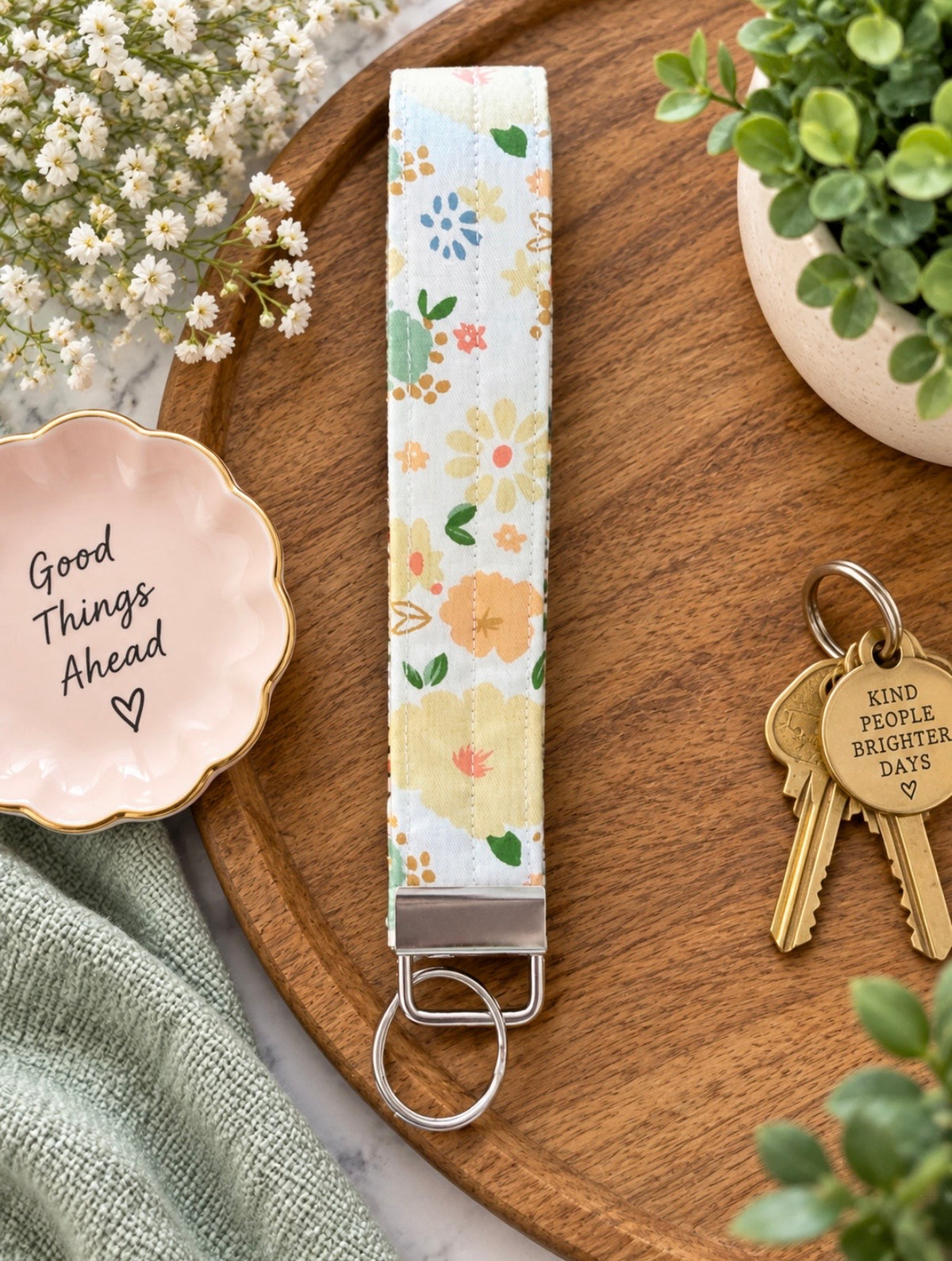 Pastel Floral Handmade Wristlet Keychain